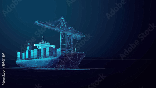 Digital Polygonal Cargo Sea Port with 3D Ship, Crane, and Containers in Dark Blue - Concept Illustration for Worldwide Shipping, Transportation, and Logistics