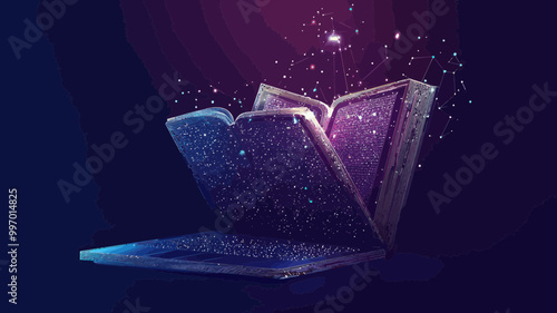 Low Poly Vector Illustration of 3D Open Laptop and Book, Connected Dots, Modern Information Sources, Online Library, Self-Education, Learning and Technology, Digital Reading Concept