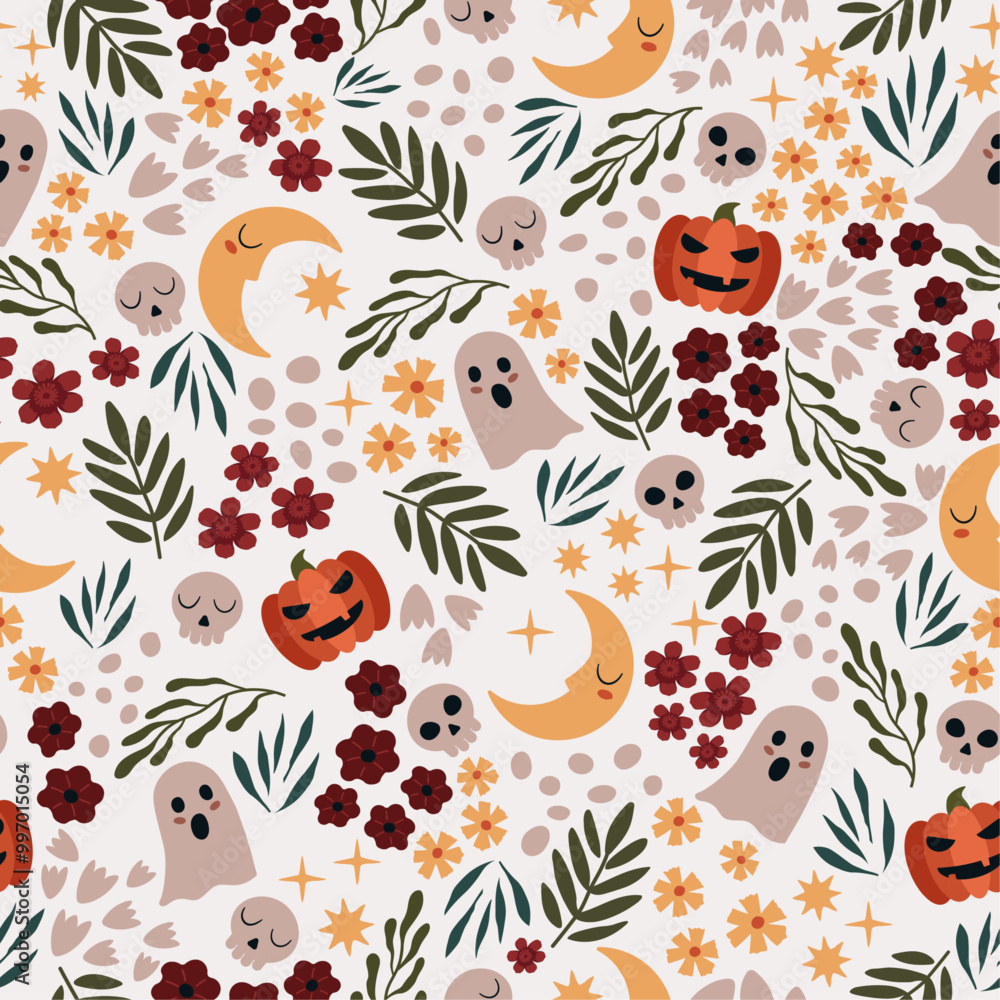 Hand drawn seamless halloween pattern with cute elements in flat style. Botanical and spooky backdrop with leaves, flowers, pumpkins, moon, skulls and ghosts. Vector light doodle print Hand drawn seamless halloween pattern with cute elements in flat style. Botanical and spooky backdrop with leaves, flowers, pumpkins, moon, skulls and ghosts. Vector light doodle print