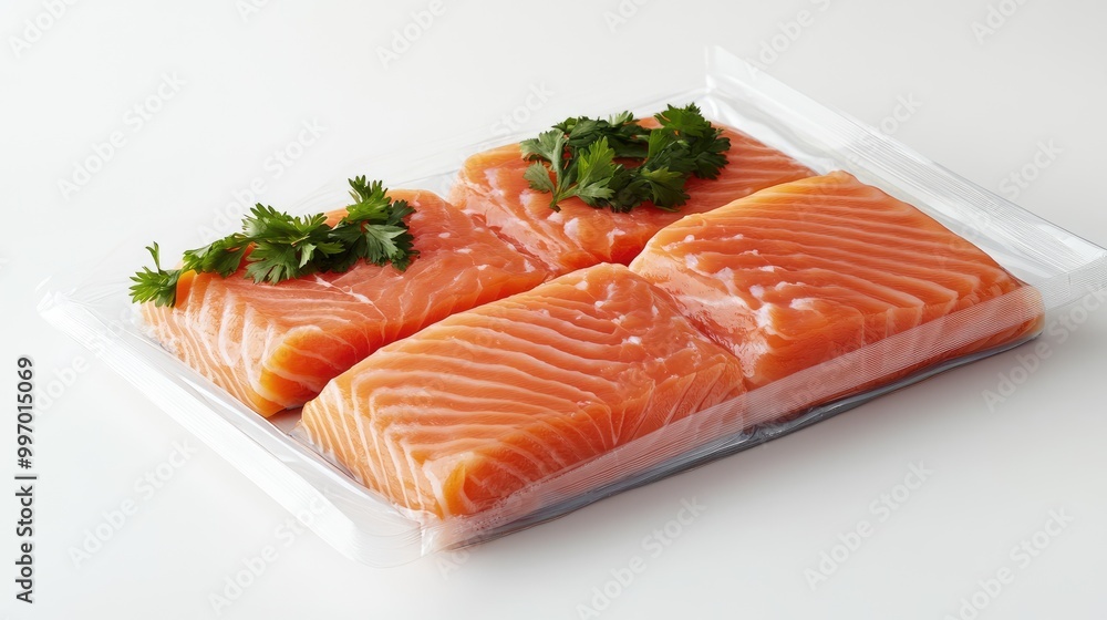 Fresh salmon fillets sealed in clear plastic packaging, displayed on a white background, emphasizing the product freshness and vibrant color for retail. Fresh salmon fillets sealed in clear plastic packaging, displayed on a white background, emphasizing the product freshness and vibrant color for retail.
