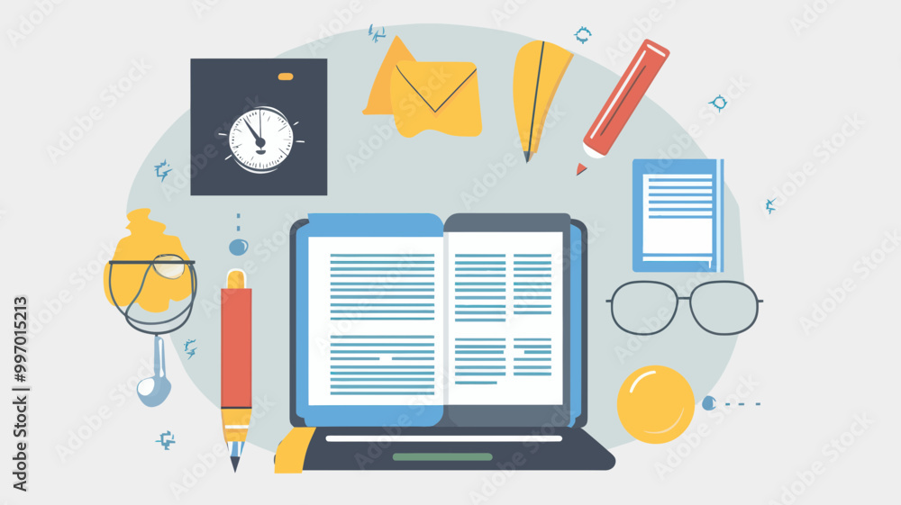 Fototapeta premium Educational Vector Illustration with Online Learning Tools, Open Laptop, Books, Pens, Clock, and Glasses for Training and Tutorials