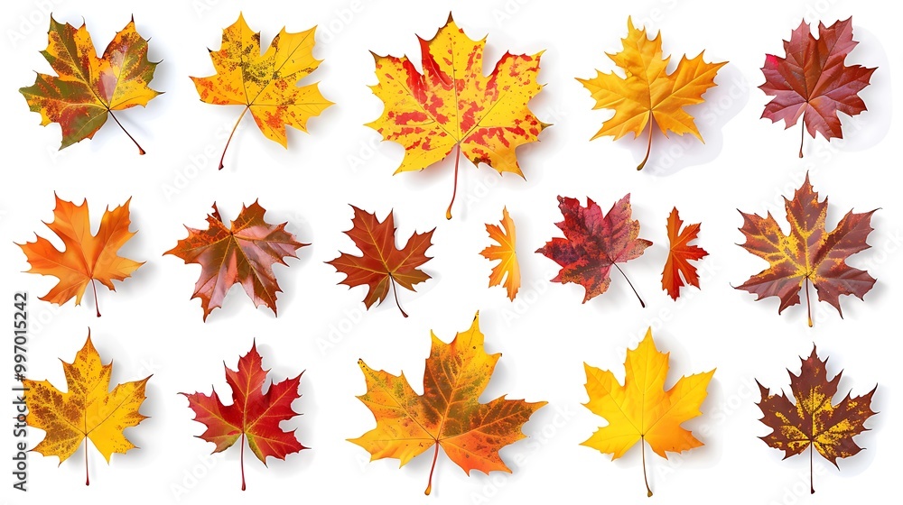 Fototapeta premium Colorful Autumn falling leaves isolated on transparent background. Ai Generative 