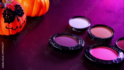 Horizontal Halloween video, beauty, cosmetics, powder, blush, eyeshadow in vintage packaging next to Jack-o'-lantern pumpkin and candle