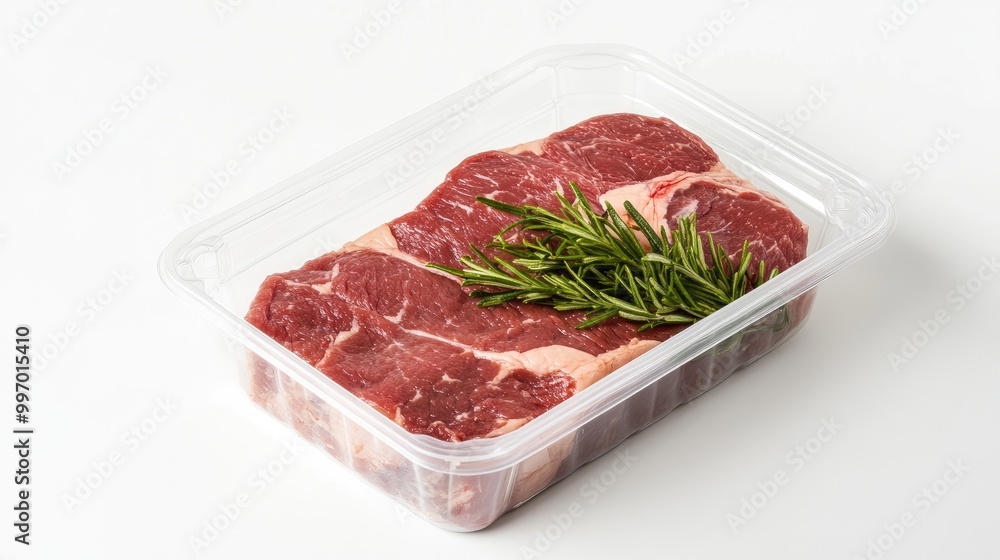 Fresh tenderloin steak in a clear plastic container, showcased against a white background, perfect for high-end retail meat displays. Fresh tenderloin steak in a clear plastic container, showcased against a white background, perfect for high-end retail meat displays.