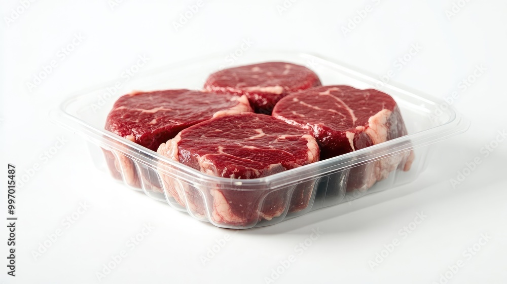 Fresh tenderloin steak in a clear plastic container, showcased against a white background, perfect for high-end retail meat displays. Fresh tenderloin steak in a clear plastic container, showcased against a white background, perfect for high-end retail meat displays.
