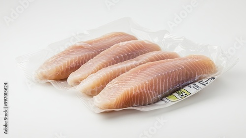 Fresh tilapia fillets in sealed packaging with a printed label, set against a white background, highlighting the product premium quality.