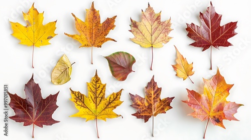 Colorful Autumn falling leaves isolated on transparent background. Ai Generative 