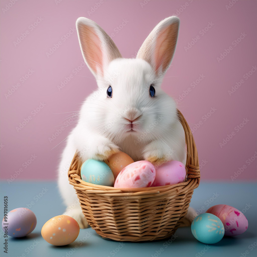 Coelhinho da pascoa branquinho e fofo, segurando uma cesta de ovinhos coloridos, fundo claro tons pasteis. Festividades, data comemorativo. Páscoa, ovos coloridos. cesto de ovos. Pelo branquinho. Coelhinho da pascoa branquinho e fofo, segurando uma cesta de ovinhos coloridos, fundo claro tons pasteis. Festividades, data comemorativo. Páscoa, ovos coloridos. cesto de ovos. Pelo branquinho.