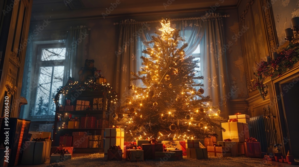Decorated Christmas tree with glowing presents underneath Decorated Christmas tree with glowing presents underneath