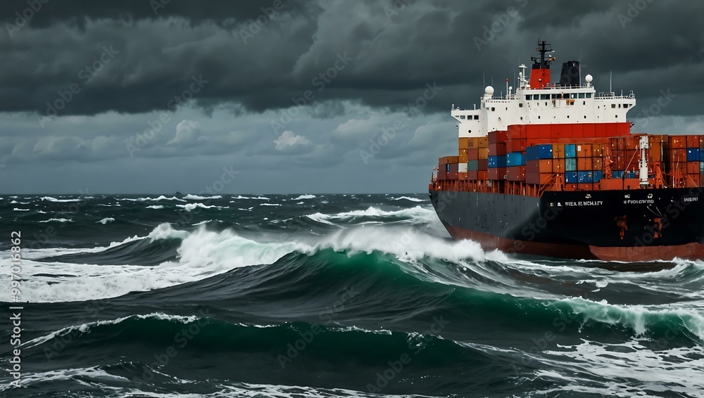 Stormy seas with a cargo ship in the background. Stormy seas with a cargo ship in the background.