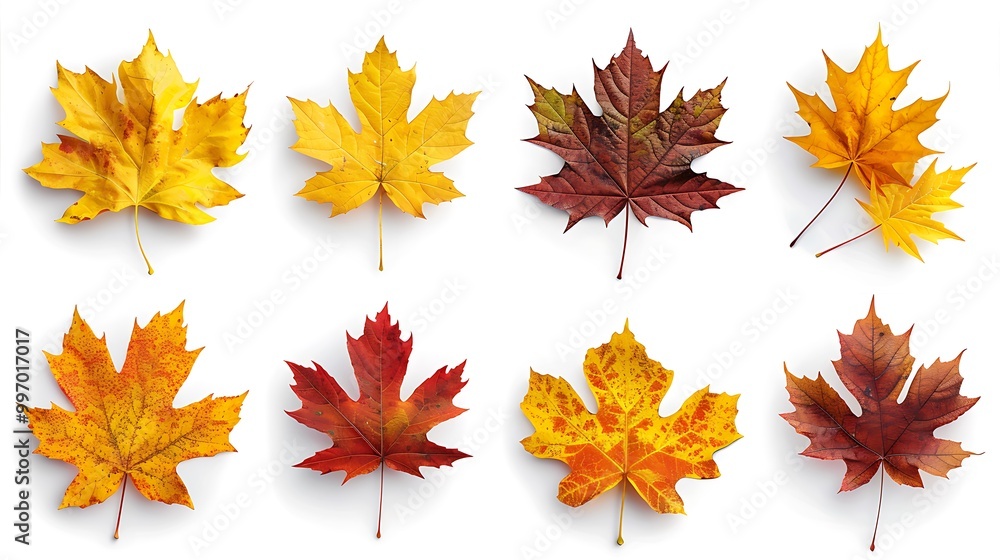 Fototapeta premium Colorful autumn leaves set isolated on white background ai generative