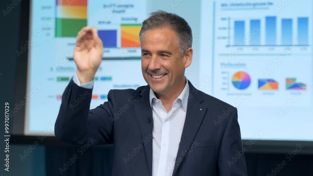 Smiling businessman delivering a presentation, interpreting graphs and charts in a corporate setting, demonstrating effective communication skills Smiling businessman delivering a presentation, interpreting graphs and charts in a corporate setting, demonstrating effective communication skills