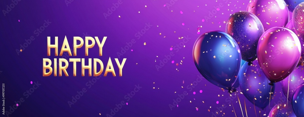 Naklejka premium Happy Birthday banner with fireworks and balloons on a purple background text 