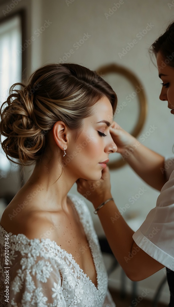 Stylist preparing a bride’s hair in the morning. Stylist preparing a bride’s hair in the morning.