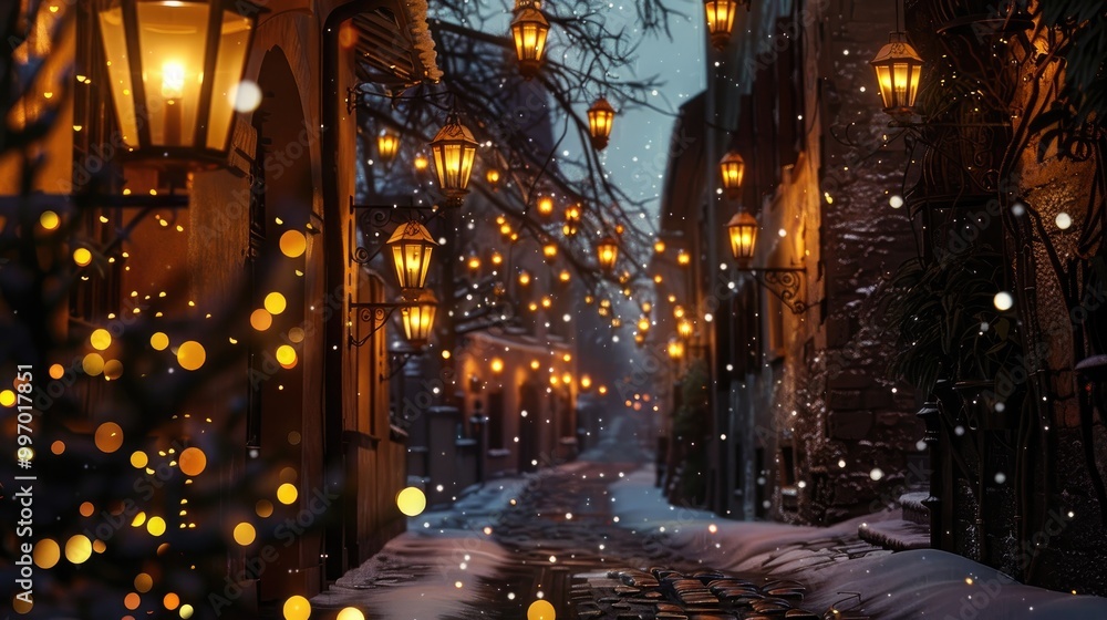 Glowing lanterns lining snow-covered cobblestone street Glowing lanterns lining snow-covered cobblestone street