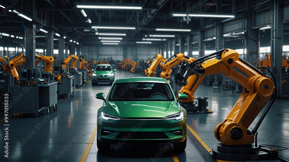 Car Factory 3D Concept Automated Robot Arm Assembly Line Manufacturing High-Tech Green Energy Electric Vehicles Car Factory 3D Concept Automated Robot Arm Assembly Line Manufacturing High-Tech Green Energy Electric Vehicles