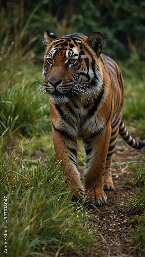 Sumatran tiger walking through grassland. Sumatran tiger walking through grassland.