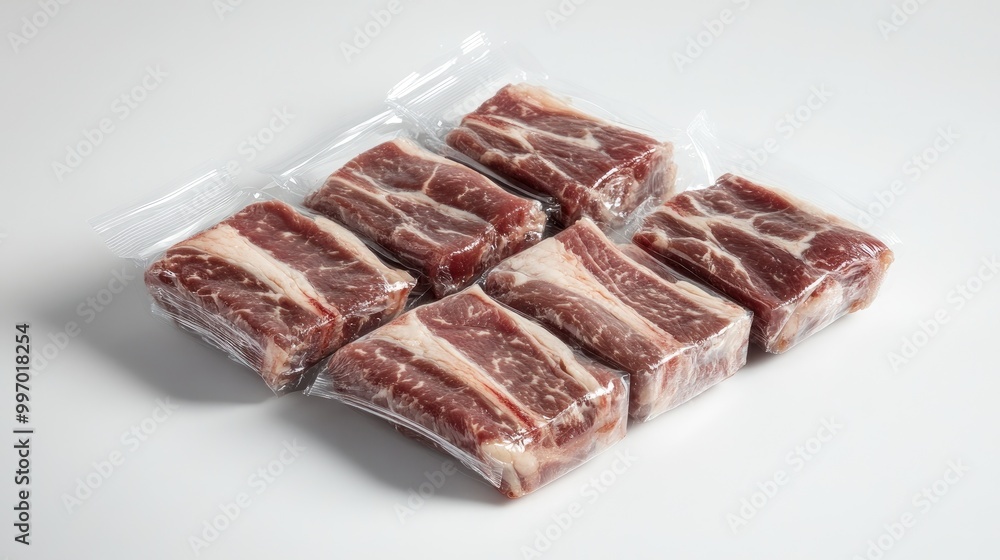 Fototapeta premium Packaged short ribs neatly sealed in vacuum packaging, displayed against a white background, highlighting their marbling and ready-to-cook appeal.