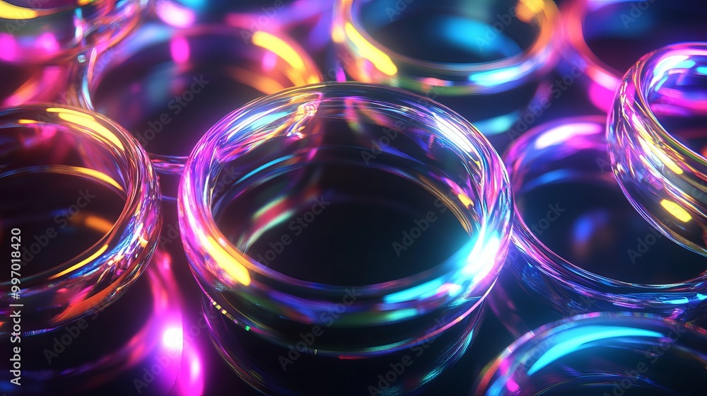 Exploring the Enigmatic Depths of Iridescent Light: A 3D Journey Through Crystal Rendered Circles and Colorful Holographic Gradients on a Black Abstract Background Exploring the Enigmatic Depths of Iridescent Light: A 3D Journey Through Crystal Rendered Circles and Colorful Holographic Gradients on a Black Abstract Background