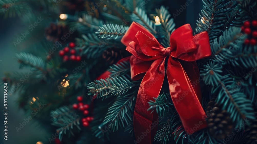 Red ribbon bows on a Christmas wreath Red ribbon bows on a Christmas wreath