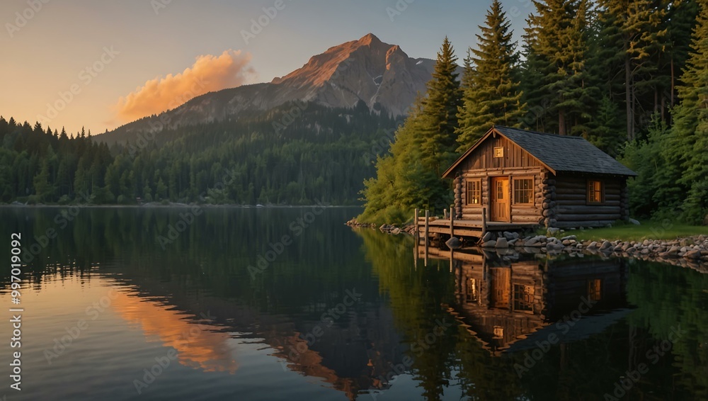 Sunrise over a tranquil lake with a cozy cabin. Sunrise over a tranquil lake with a cozy cabin.