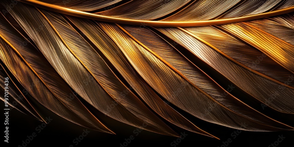 Golden abstract close-up of metallic feathers with intricate textures and light reflections, Ai Generation Golden abstract close-up of metallic feathers with intricate textures and light reflections, Ai Generation