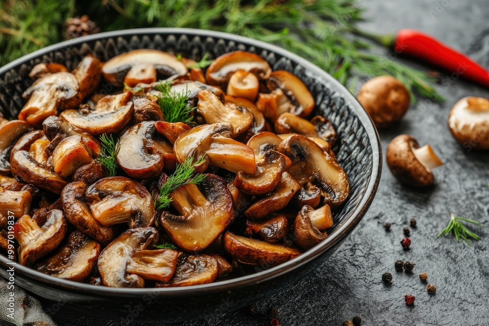 Roasted sliced champignon mushrooms in the bowl - generrative ai Roasted sliced champignon mushrooms in the bowl - generrative ai