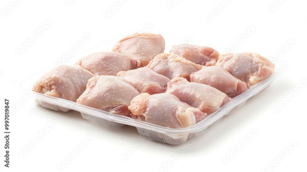 Raw chicken thighs in plastic packaging, displayed against a white background, perfect for showcasing retail poultry products. Raw chicken thighs in plastic packaging, displayed against a white background, perfect for showcasing retail poultry products.
