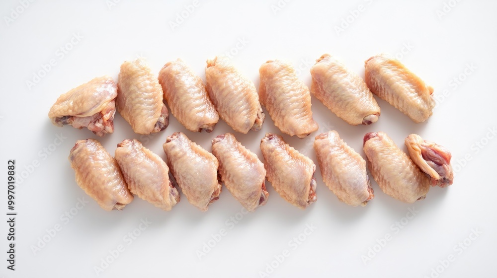 Raw chicken wings arranged on a white background, emphasizing their clean and fresh appearance for meal ideas or recipe visuals. Raw chicken wings arranged on a white background, emphasizing their clean and fresh appearance for meal ideas or recipe visuals.