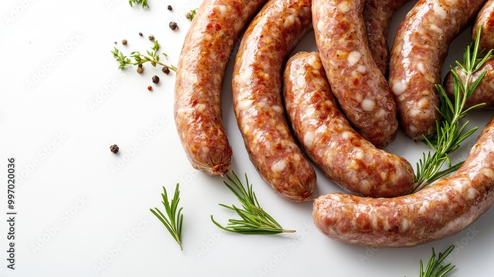 Raw sausages twisted together on a white background, ready for grilling or cooking, emphasizing freshness and simplicity in a clean food styling concept. Raw sausages twisted together on a white background, ready for grilling or cooking, emphasizing freshness and simplicity in a clean food styling concept.