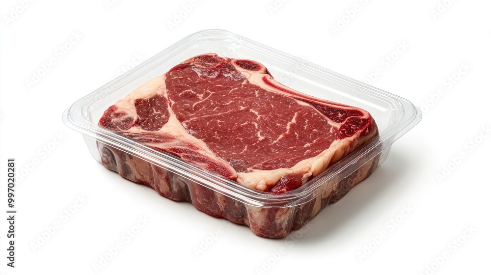 Ribeye steak in plastic packaging with a clear label, set against a white background, perfect for highlighting premium cuts in a retail setting. Ribeye steak in plastic packaging with a clear label, set against a white background, perfect for highlighting premium cuts in a retail setting.