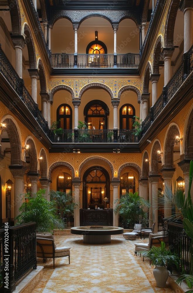 Elegant three-story hotel interior featuring a stunning indoor courtyard and stylish reception area for guest relaxation and comfort Elegant three-story hotel interior featuring a stunning indoor courtyard and stylish reception area for guest relaxation and comfort