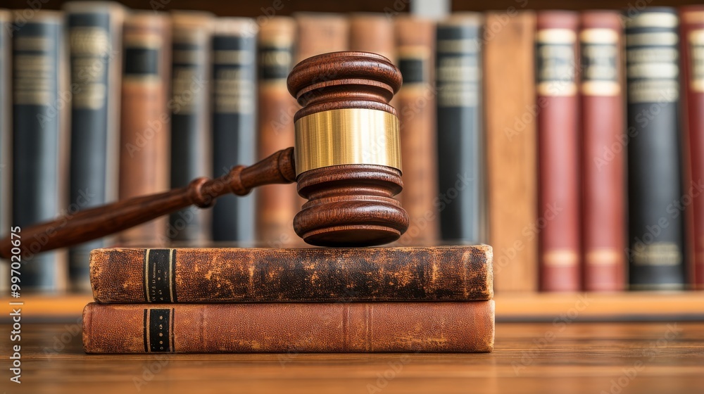 A wooden gavel is positioned atop two stacked law books, symbolizing justice and authority, set against a backdrop of a bookshelf filled with legal texts A wooden gavel is positioned atop two stacked law books, symbolizing justice and authority, set against a backdrop of a bookshelf filled with legal texts