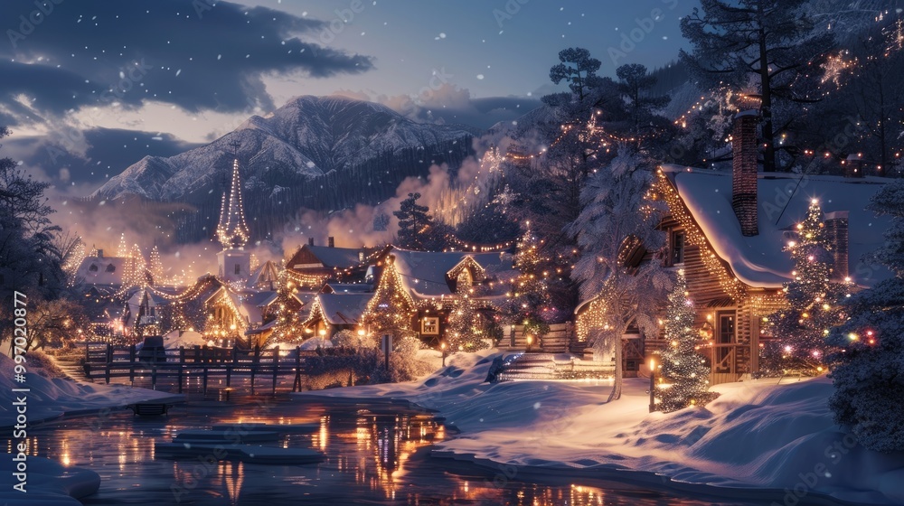 Snowy village with Christmas lights, Snowy village with Christmas lights,