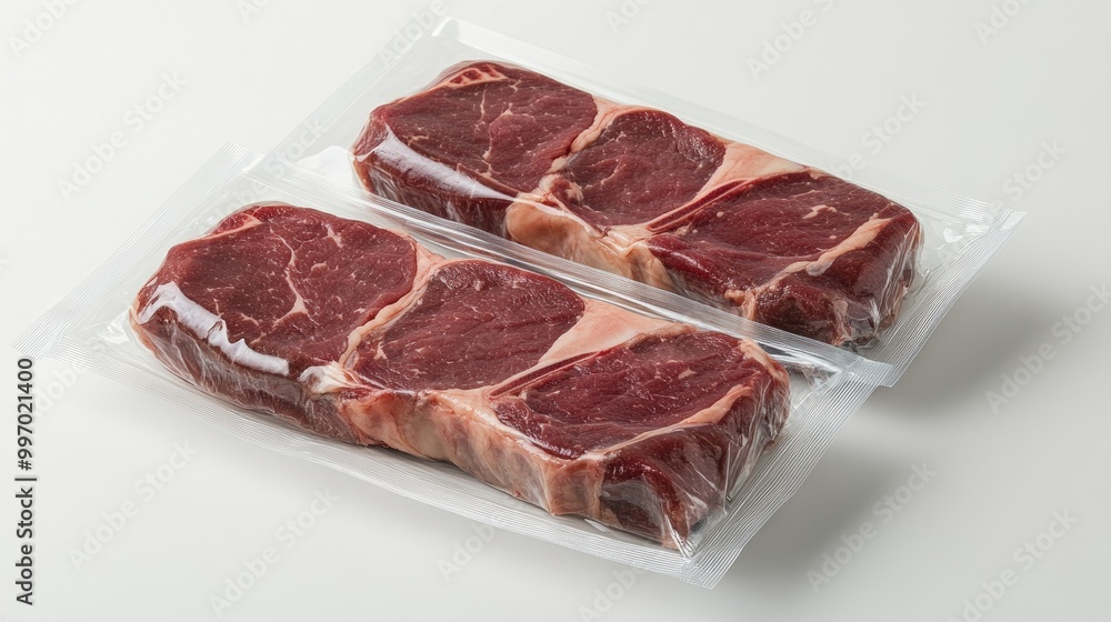 Sirloin steak in vacuum-sealed packaging, placed on a white background, highlighting its freshness and perfectly cut portions for a retail setting. Sirloin steak in vacuum-sealed packaging, placed on a white background, highlighting its freshness and perfectly cut portions for a retail setting.
