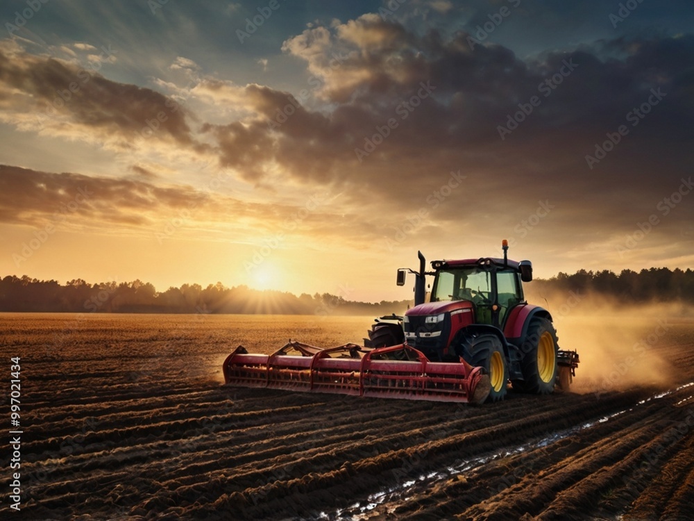 Fototapeta premium tractor at sunset
