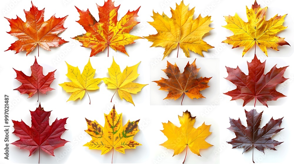 Fototapeta premium Colorful autumn leaves set isolated on white background Al Generative 