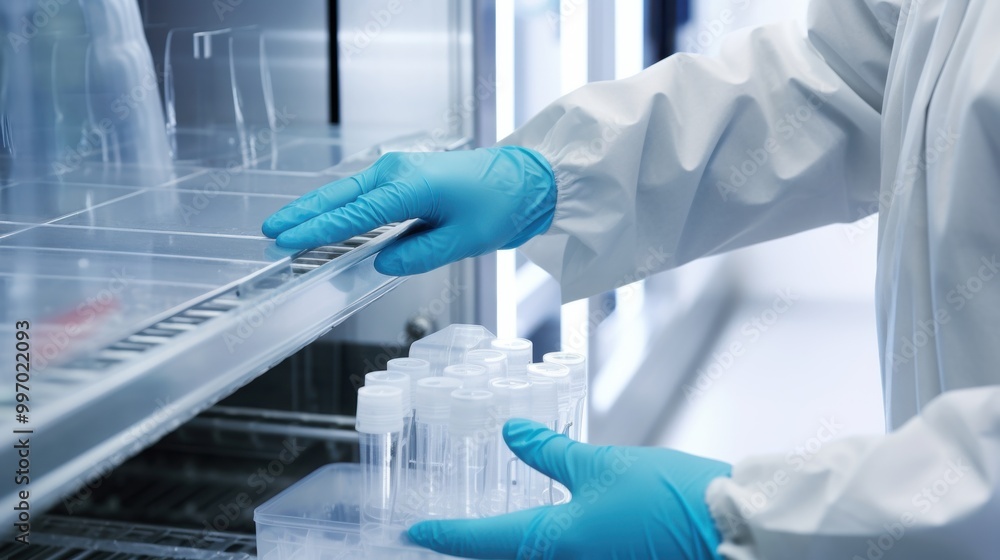 A gloved hand handles sterile test tubes inside a laboratory, emphasizing cleanliness, precision, and scientific investigation. A gloved hand handles sterile test tubes inside a laboratory, emphasizing cleanliness, precision, and scientific investigation.