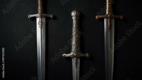 Three medieval swords displayed on a dark backdrop.