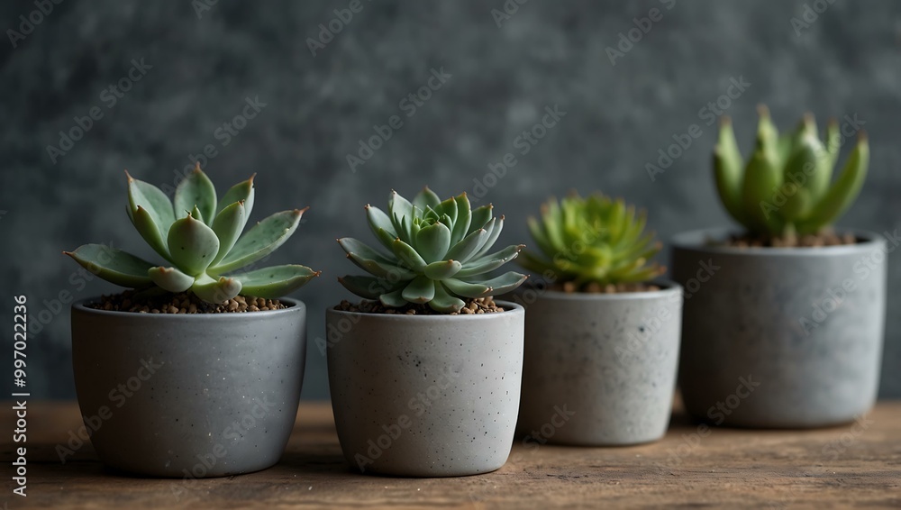 Three small succulent plants in gray pots. Three small succulent plants in gray pots.