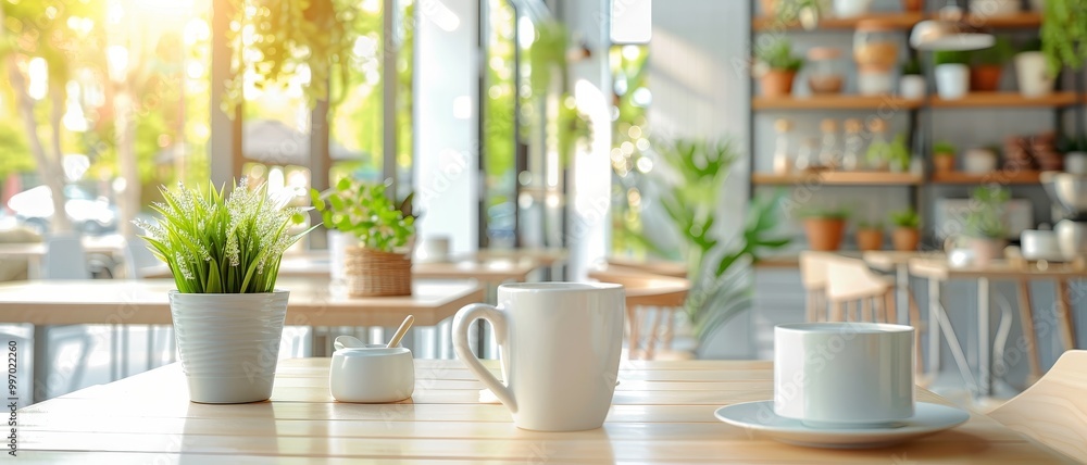 A bright café interior featuring potted plants, wooden tables, and cups, creating a cozy, refreshing atmosphere suited for relaxation. A bright café interior featuring potted plants, wooden tables, and cups, creating a cozy, refreshing atmosphere suited for relaxation.