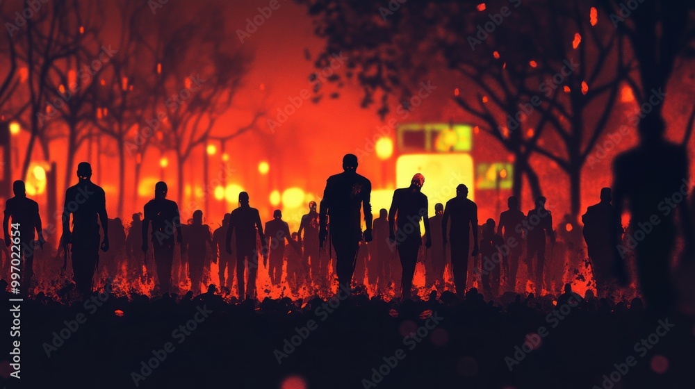 Horror silhouette of a scary group of zombies against a dramatic evening sky background wallpaper AI generated image Horror silhouette of a scary group of zombies against a dramatic evening sky background wallpaper AI generated image
