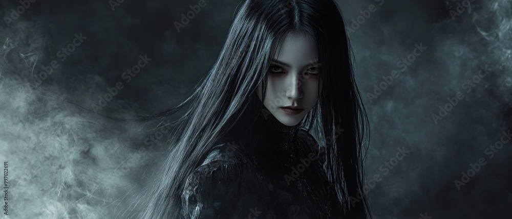 Obraz premium Asian woman in a dark mysterious and scary black costume background wallpaper AI generated image