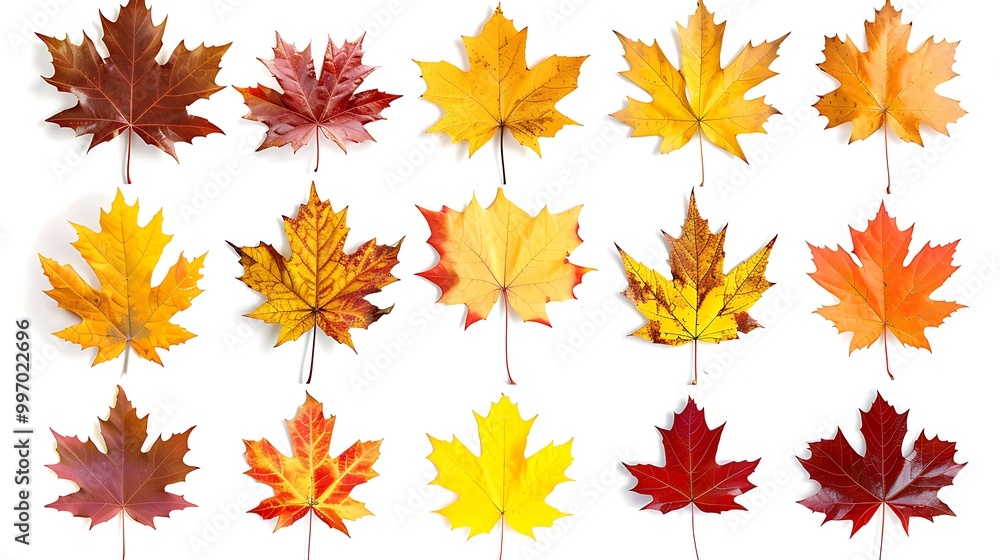 Fototapeta premium Colorful autumn leaves set isolated on white background Al Content