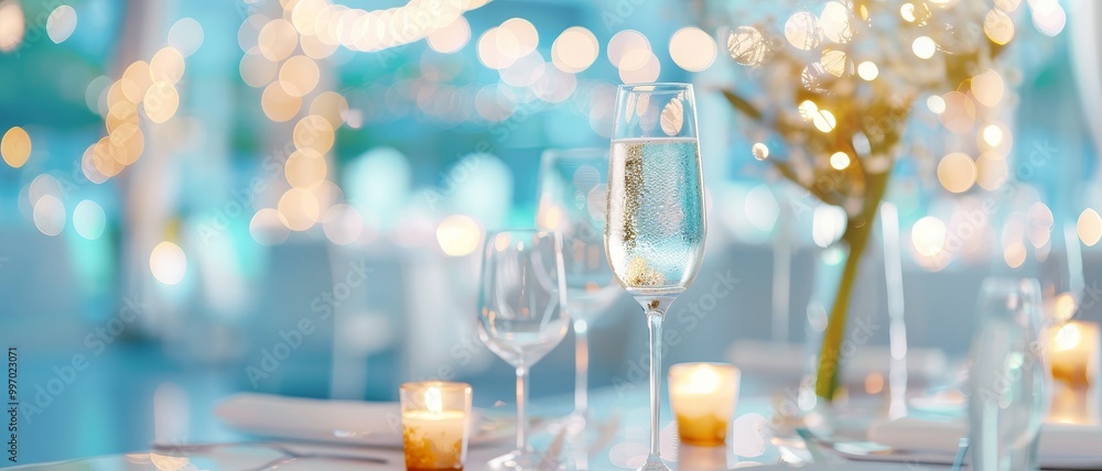 Elegant table setting with sparkling glasses, soft candlelight, and decorative flowers, creating a romantic ambiance for a celebration. Elegant table setting with sparkling glasses, soft candlelight, and decorative flowers, creating a romantic ambiance for a celebration.