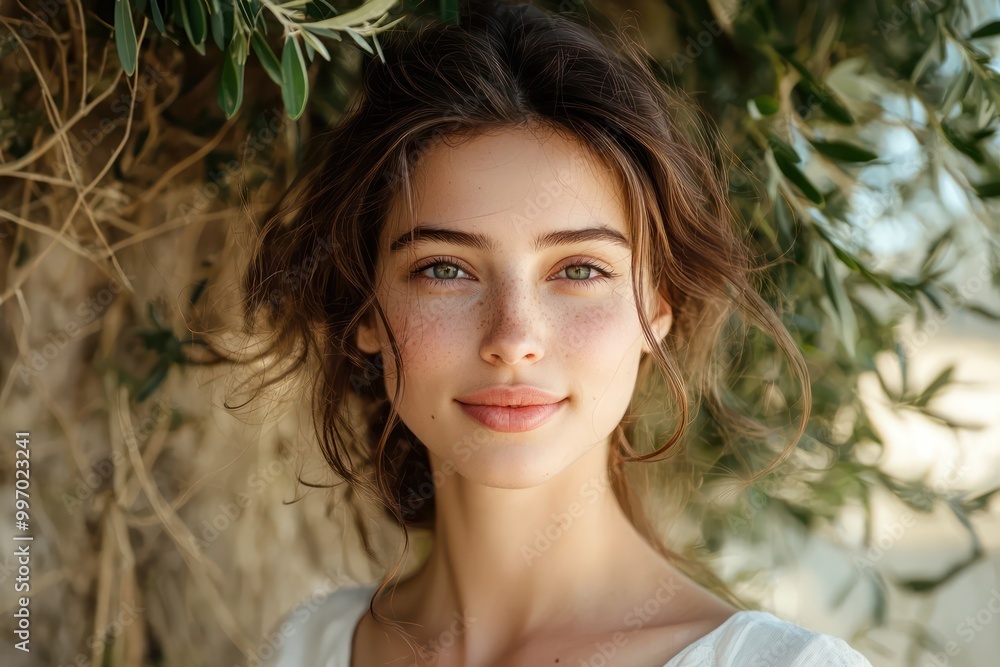 A naturally beautiful woman poses for a photo, her open, friendly eyes inviting a connection. A naturally beautiful woman poses for a photo, her open, friendly eyes inviting a connection.