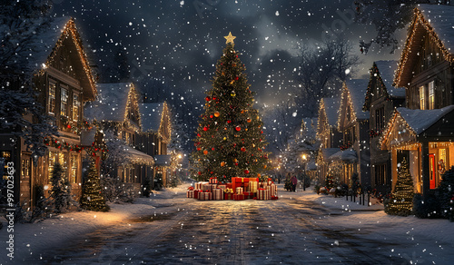 Magical Christmas Village with Snow and Decorations