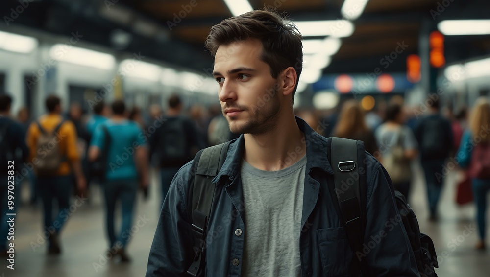 Traveler with backpack in a crowded station. Traveler with backpack in a crowded station.