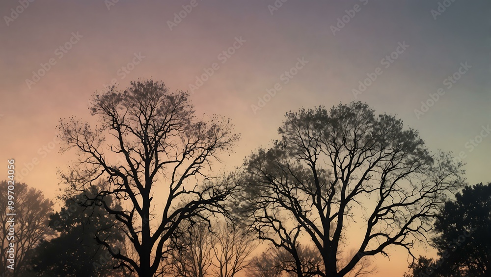 Tree Silhouettes Against a Misty Pastel Sky Tree Silhouettes Against a Misty Pastel Sky