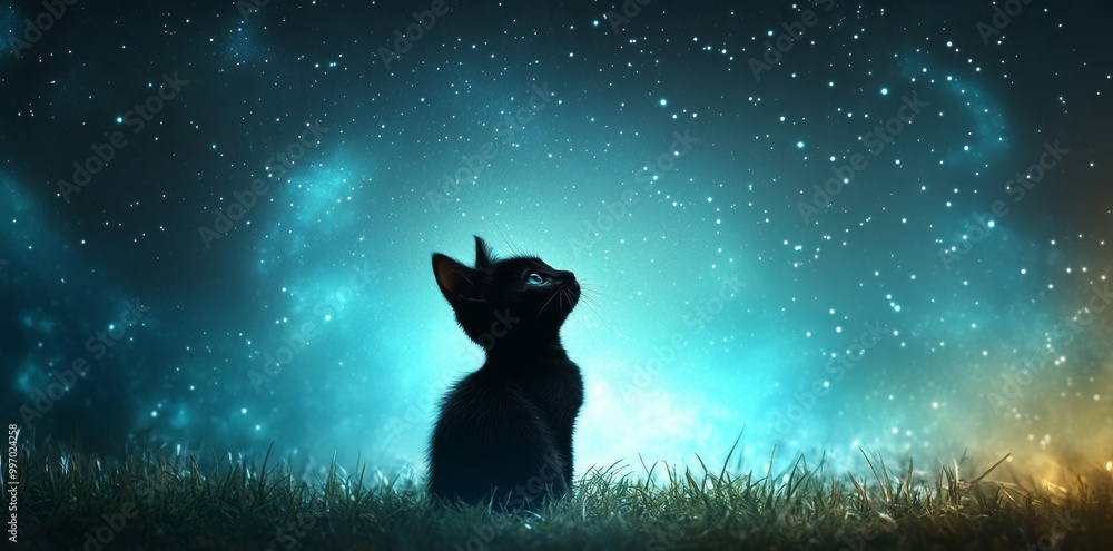 Black kitten in grass under starry night sky taken from a high ...